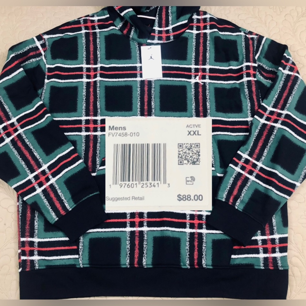 NEW..MEN XXL JORDAN PLAID RETRO ESSENTIALS FLEECE PULLOVER HOODED SWEATER(MULTI)
